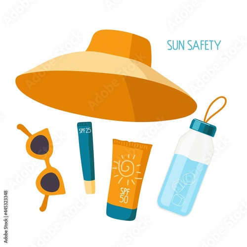 Sun safety. Things necessary on beach for health. Sunscreen cosmetics, water bottle, sunglasses, hat. Product for Summer Protection set. Cartoon vector illustration. Sun safety collection.