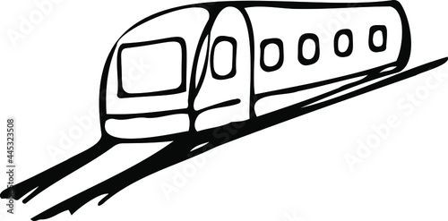 Modern high-speed train on the rails sketch. Black and white vector illustration drawn by hand.