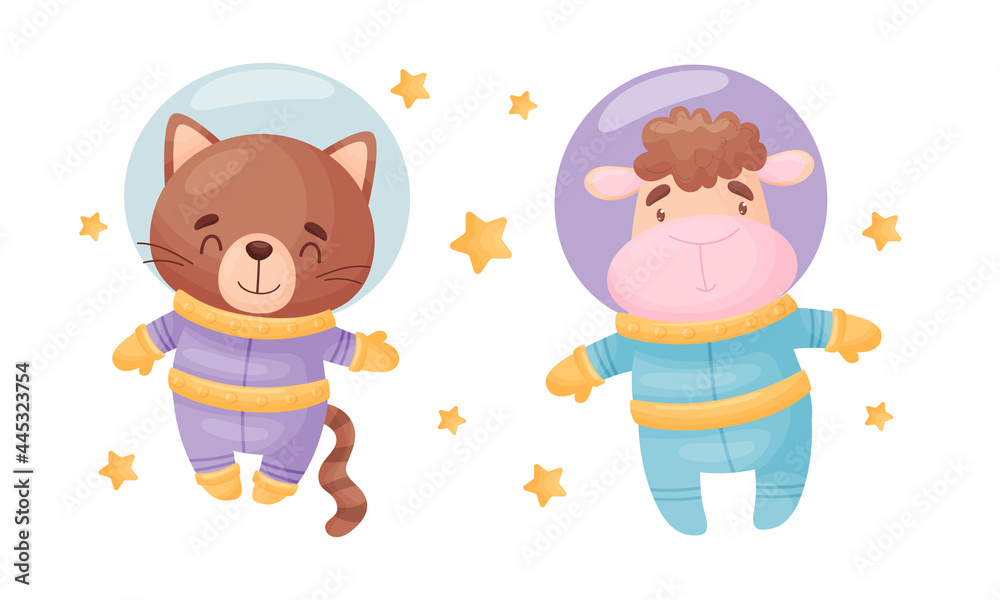 Funny Animals Wearing Astronaut Costumes or Spacesuit Floating in Space Vector Set Funny Animals Wearing Astronaut Costumes or Spacesuit Floating in Space Vector Set