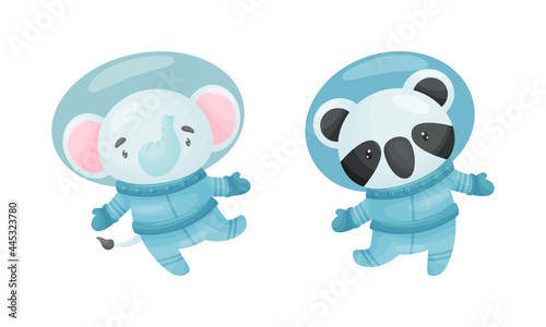 Funny Animals Wearing Astronaut Costumes or Spacesuit Floating in Space Vector Set