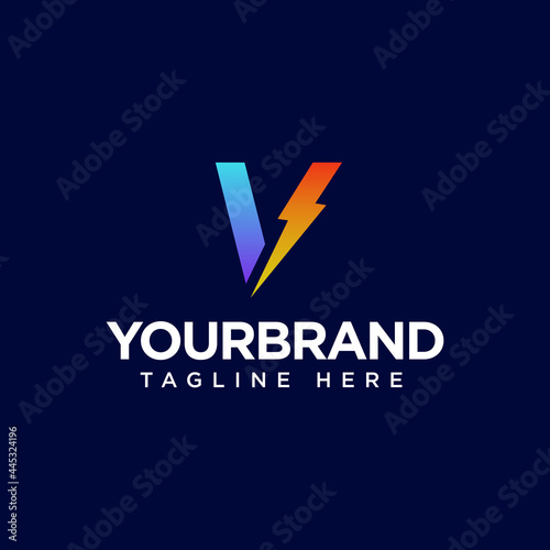 Initial Letter V Logo With Thunderbolt Lighting. Alphabet Suitable for Fast, Power, Flash, Electric, Identity, etc