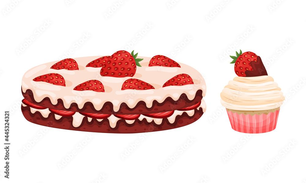 Sweet Pastry with Strawberry as Sugary Dessert and Patisserie Vector Set Sweet Pastry with Strawberry as Sugary Dessert and Patisserie Vector Set