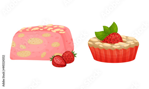 Sweet Pastry with Strawberry as Sugary Dessert and Patisserie Vector Set