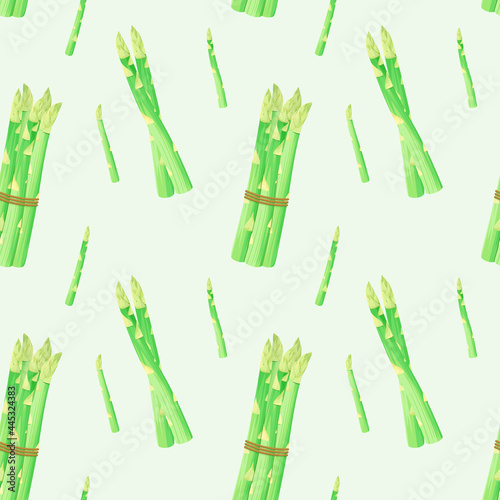 Seamless pattern with asparagus on a green background. Vegetables.