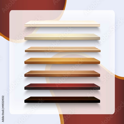 Realistic 3d multicolored retail store wooden shelves set isolated vector illustration