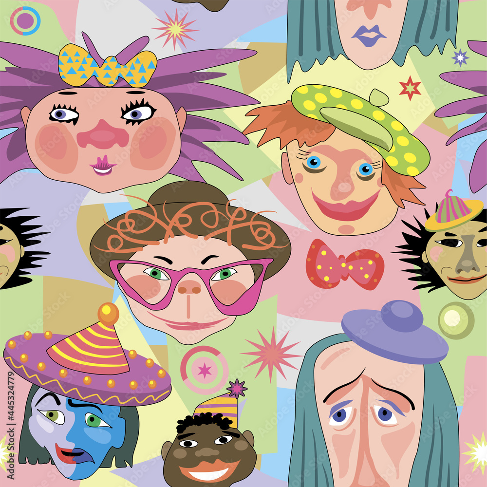 Sample of a seamless pattern depicting the faces of clowns with ...