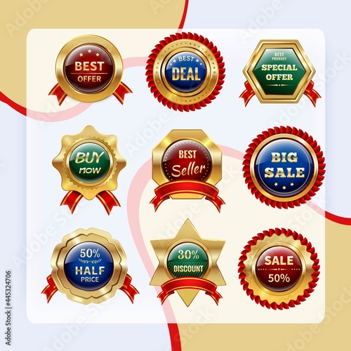 Golden sale and discount labels with ribbon decor isolated vector illustration