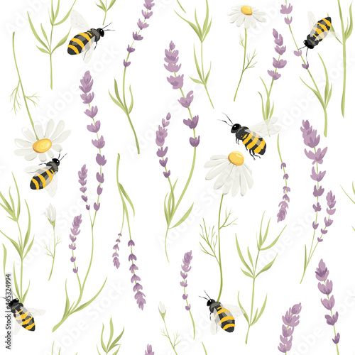 Seamless pattern with lavender, chamomile and bee. Vector illustration in watercolor painting style. Background for packaging, textiles, printing.	