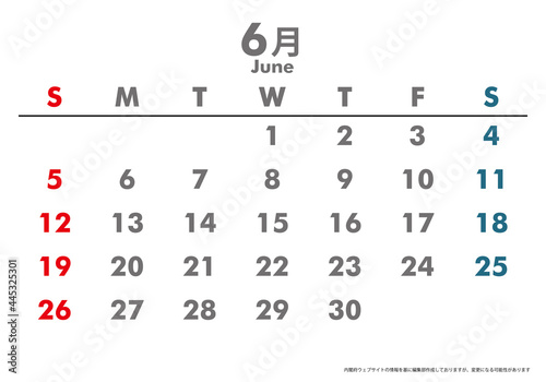 令和4年2022年カレンダー素材イラスト　テンプレートデータ｜6月 ベクターデータ