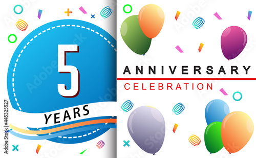 5th years anniversary celebration with colorful balloons and confetti, design for greeting card birthday celebration
