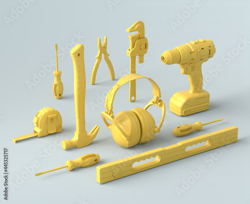 Fototapeta Naklejka Na Ścianę i Meble -  Isometric view of monochrome construction tools for repair on grey and yellow