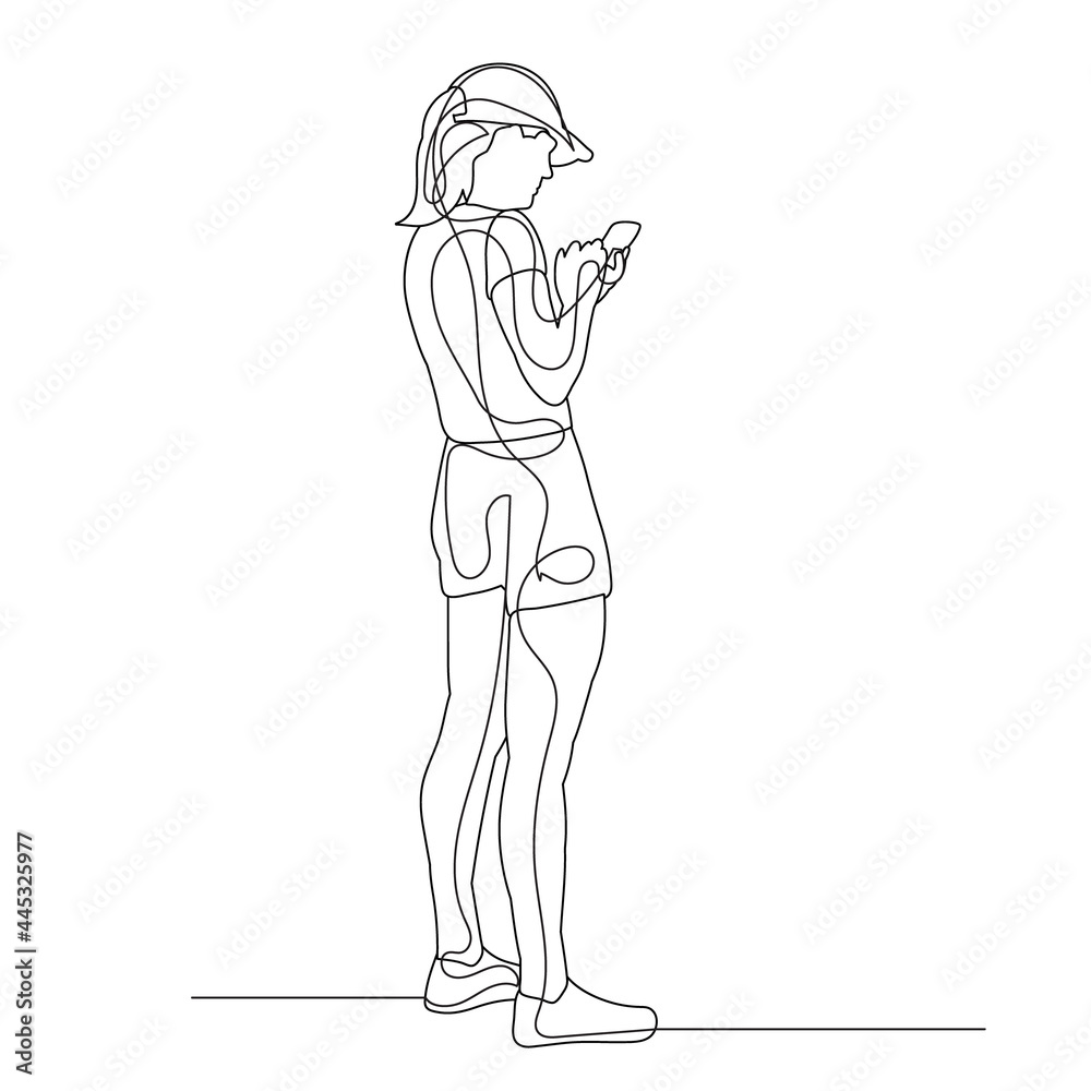 girl with phone line drawing, isolated, vector
