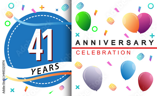 41st years anniversary celebration with colorful balloons and confetti, design for greeting card birthday celebration