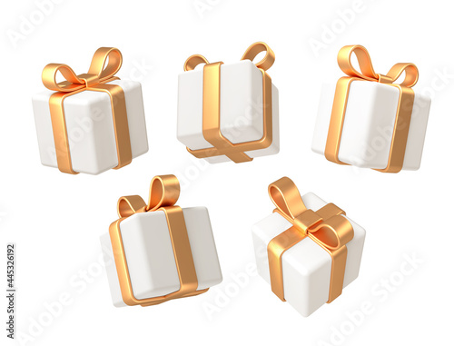 Set of realistic 3d render gift boxes. White gift box with golden bow and ribbon. Gift box in different angles. Vector illustration.