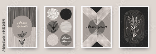 Set of wall art minimal poster. Scandinavian style hand drawn wall art decor. Design with abstract shape, lines and plant. Can be used for cover, print, poster, wall decoration. Vector illustration.