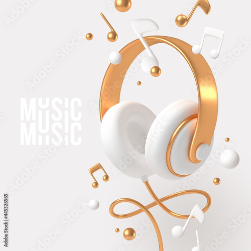 Realistic 3d render headphones with golden elements and musical notes. Vector illustration.