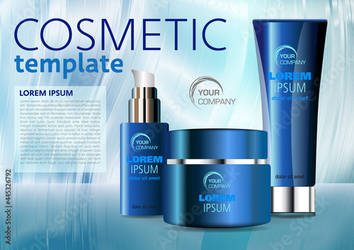 Cosmetic mockup, product vector template background in blue color. Cream, soap and shampoo realistic design