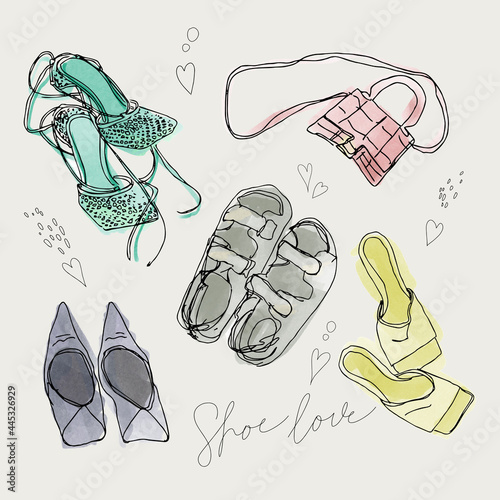 Set of isolated sketches of woman shoes. Hand drawn peep toe and stiletto. Footwear and lady clothing, vogue theme