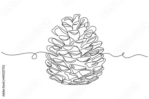 Continuous one line of cedar cone christmas concept in silhouette on a white background. Linear stylized.Minimalist.