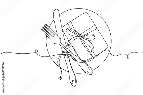 Continuous one line of christmas table setting in silhouette on a white background. Linear stylized.Minimalist.