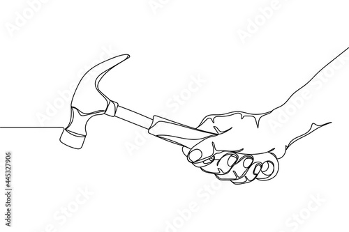 Continuous one line of hand holding a hammer in silhouette on a white background. Linear stylized.Minimalist.