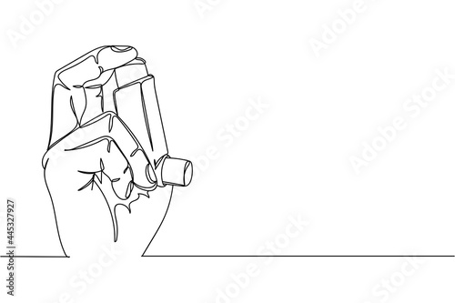 Continuous one line of hand holding asthma inhaler in silhouette on a white background. Linear stylized.Minimalist.