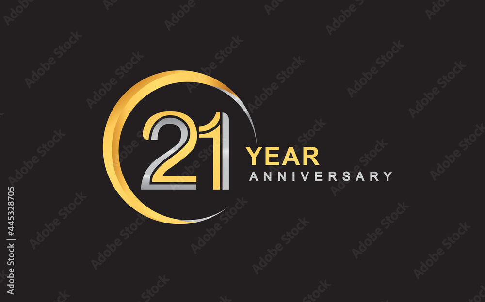 21st years anniversary golden and silver color with circle ring isolated on black background for anniversary celebration event