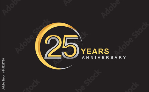 25th years anniversary golden and silver color with circle ring isolated on black background for anniversary celebration event