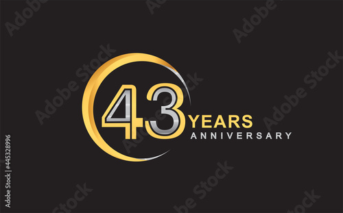 43rd years anniversary golden and silver color with circle ring isolated on black background for anniversary celebration event