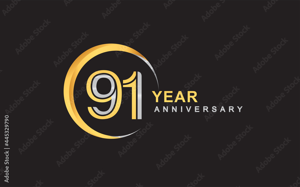91st years anniversary golden and silver color with circle ring isolated on black background for anniversary celebration event