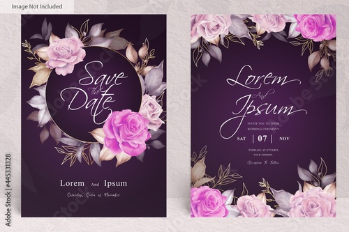 elegant wedding invitation template with watercolor flower and leaves