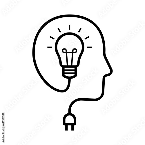 lightbulb with plug in human head shape icon, Head bulb creative idea, Thinking, Intelligence and innovation concept, Isolated on white background, Vector illustration