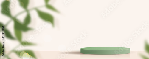 Cosmetic green background minimal and premium podium display for product presentation branding and packaging presentation. studio stage with shadow of leaf background. 3D illustration design