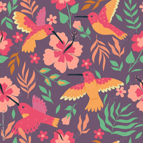 Seamless pattern with hummingbirds and hibiscus. Vector graphics.