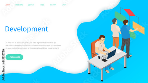Programmer working on web development on computer. Busy man at workplace is looking at laptop screen. Overworked male character sitting at desk. Website for development landing page template