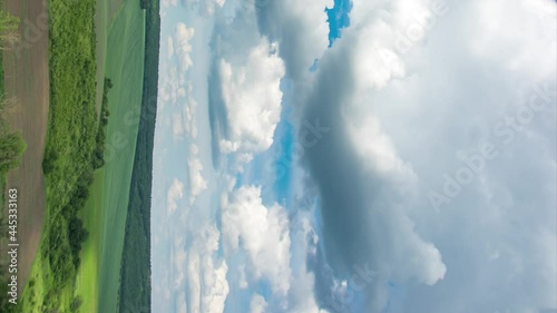 Timelapse of clouds over a field and forest on a summer day, vertical video
