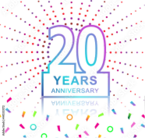 20th years anniversary celebration with colorful design with fireworks and colorful confetti isolated on white background. for birthday celebration.