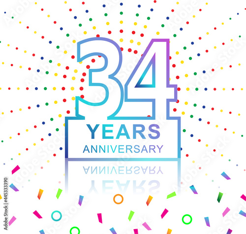 34th years anniversary celebration with colorful design with fireworks and colorful confetti isolated on white background. for birthday celebration.