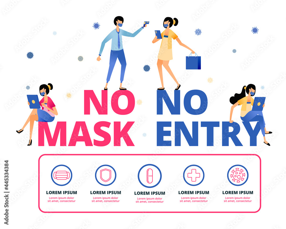 Vector illustration of warning to remind people to keep wearing masks outside the house. Information of NO MASK NO ENTRY. Design can be for landing page, website, poster, mobile apps, web, brochure Vector illustration of warning to remind people to keep wearing masks outside the house. Information of NO MASK NO ENTRY. Design can be for landing page, website, poster, mobile apps, web, brochure