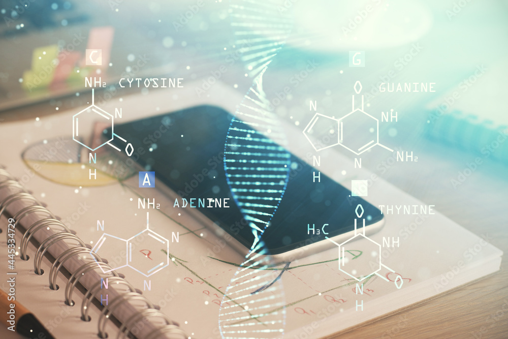 Double exposure of DNA drawing and cell phone background. Concept of medical education Double exposure of DNA drawing and cell phone background. Concept of medical education