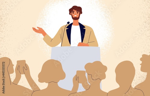 Confident man behind podium during stage speech. Speaker talking before audience. Businessman at successful public speaking. Smiling spokesman before crowd of people. Flat vector illustration