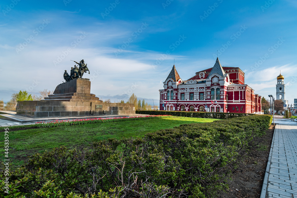 Building of Samara Academic Drama Theater near Chapaev monument Square. Dramatic theater in Samara city was built in 1888. May, 2021, Samara, Russia.