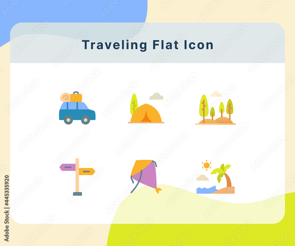 traveling icon icons set collection pack package white isolated background with flat color style