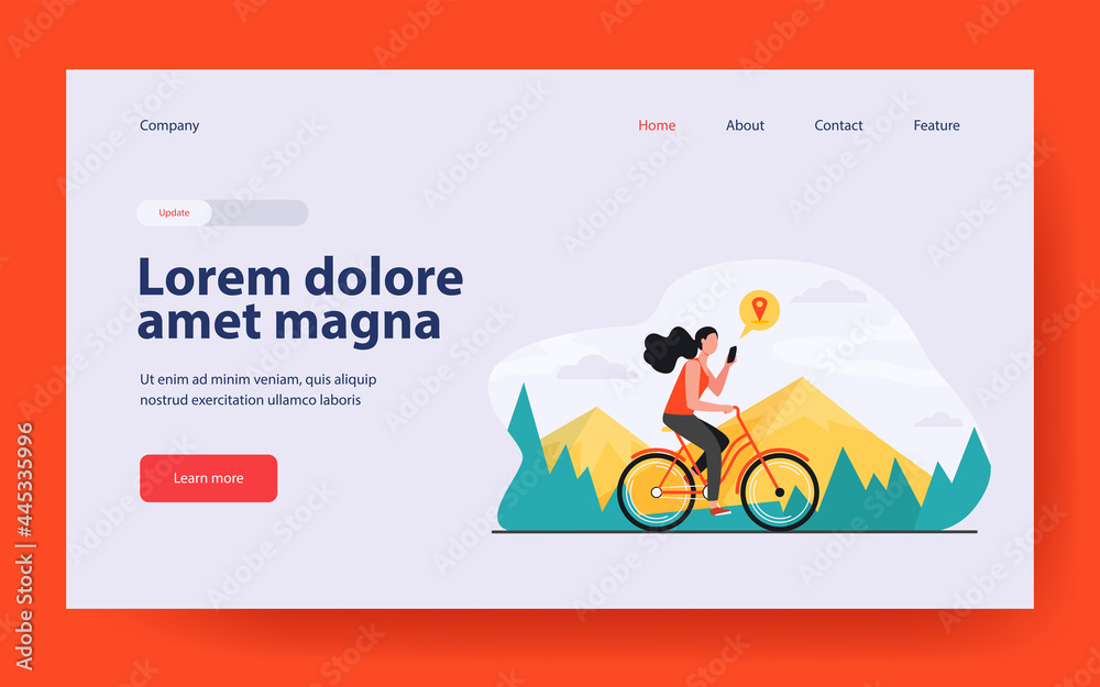 Woman riding bike by mountains. Girl cycling and consulting location app on cell flat vector illustration. Activity, path searching concept for banner, website design or landing web page