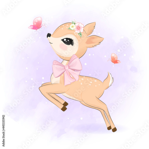 Cute deer and butterfly cartoon animal illustration © kheat