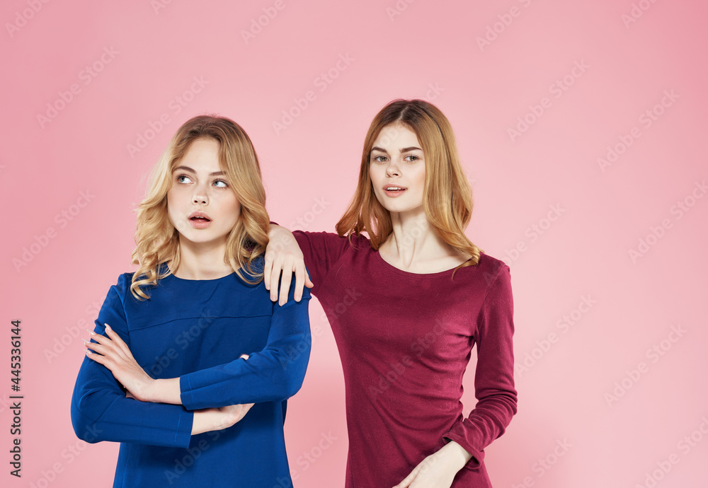 two cheerful girlfriends in dress glamor studio fashion friendship pink background two cheerful girlfriends in dress glamor studio fashion friendship pink background