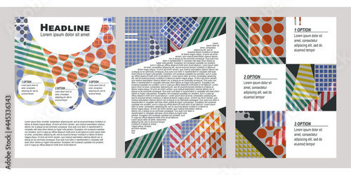A set of three layouts for the cover of the booklet. Minimalist abstract colorful geometric pattern. Modern creative graphic design for brochures, flyers, articles. Sea style.