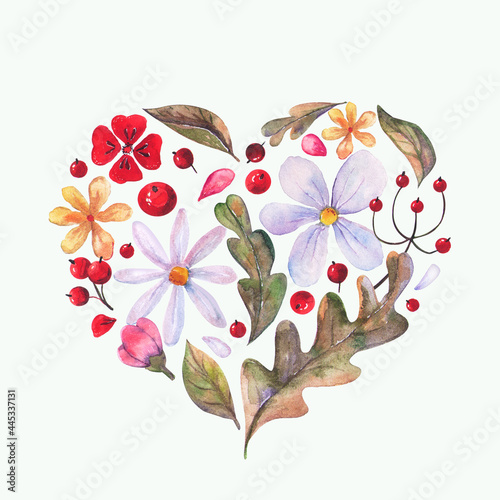 Watercolor flowers, berries, leaves arranged in the shape of a heart 