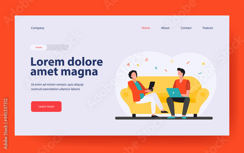 Happy men sitting together and using gadgets. Meeting of friends, pc, devices flat vector illustration. Communication, internet addiction concept for banner, website design or landing web page