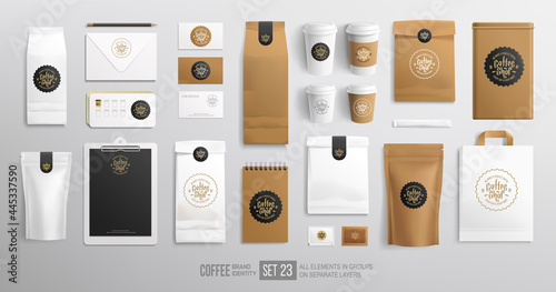 Branding set of Coffee package, Cafe menu, restaurant identity mockup set. Concept of Coffee logo. Realistic craft food package, paper cup, shopping bag. Vector illustration 
